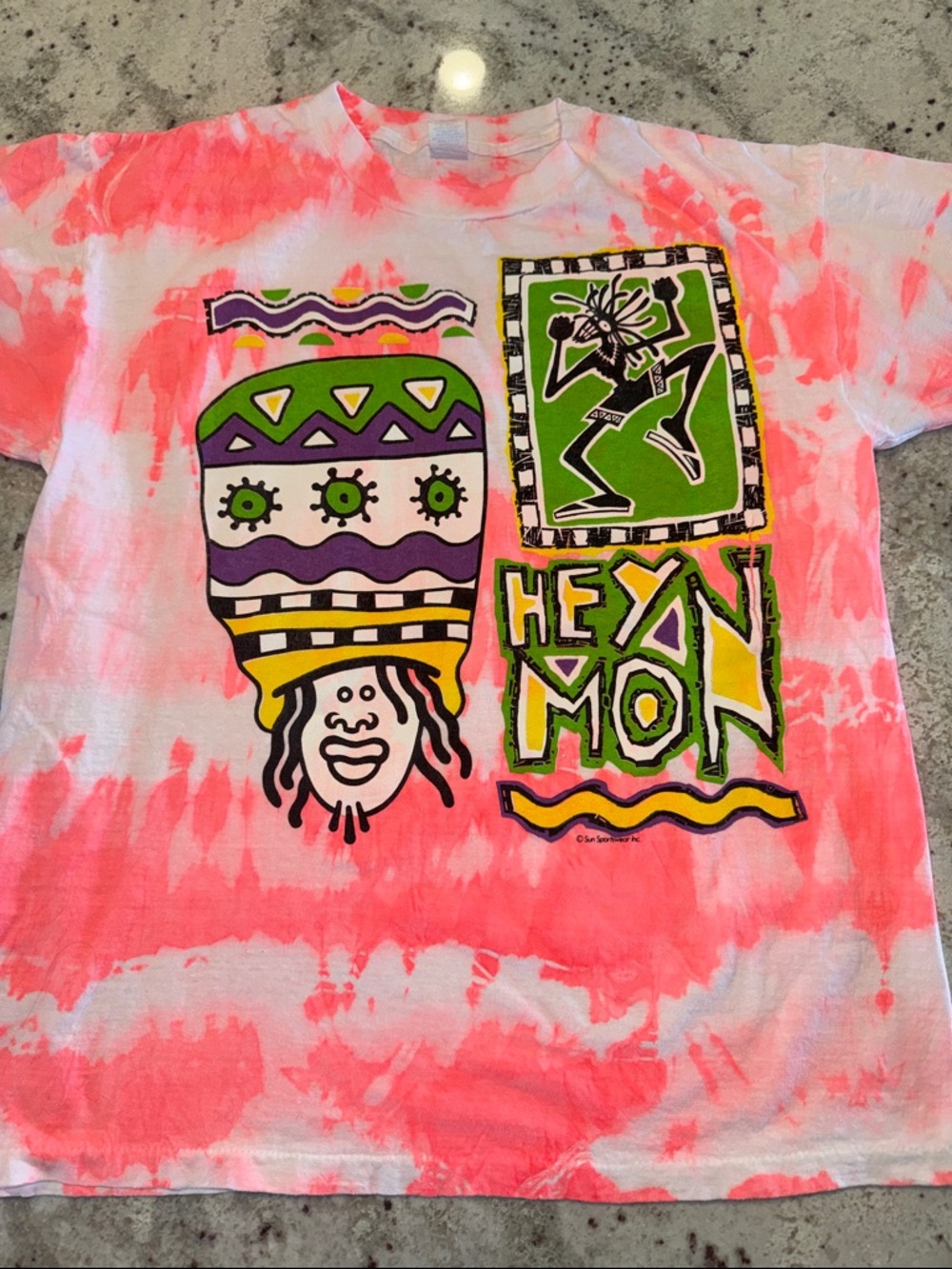 Vintage 90s Hey Mon Tie Dye Graphic T Shirt Made in USA XL - Picture 2 of 6